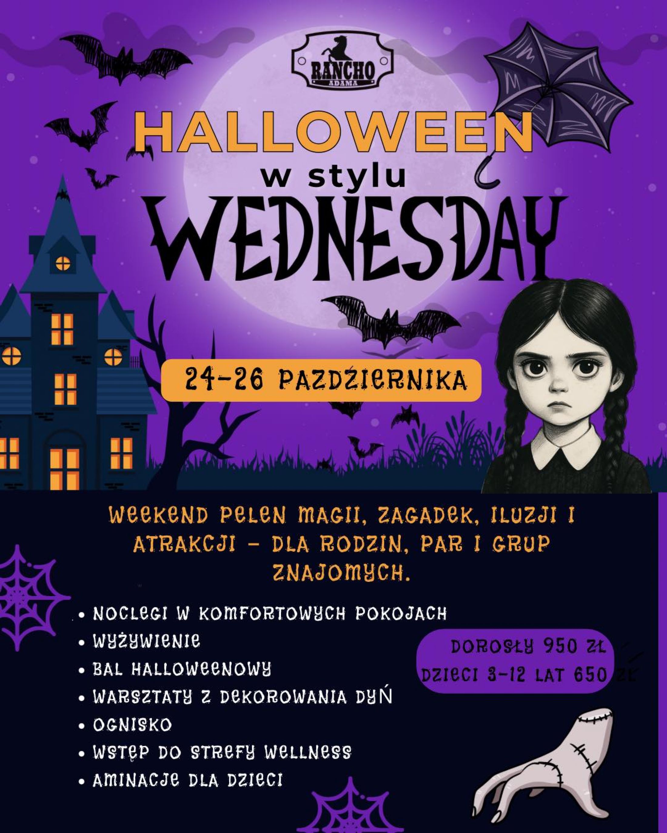 Halloween w stylu Wednesday - plakat wydarzenia Rancho Adama
